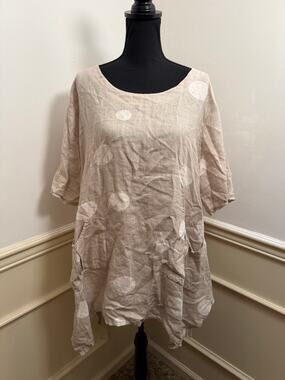 Kaktus Made in Italy Linen Polka Dot Tunic Dress Tan Beige Lagenlook Pockets